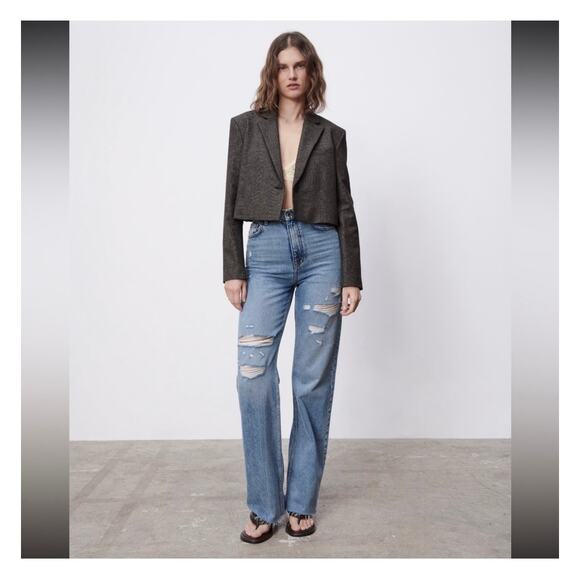 ZARA The 90's Full Length Jeans Size 8 Distressed High Rise Straight Leg - Picture 2 of 12